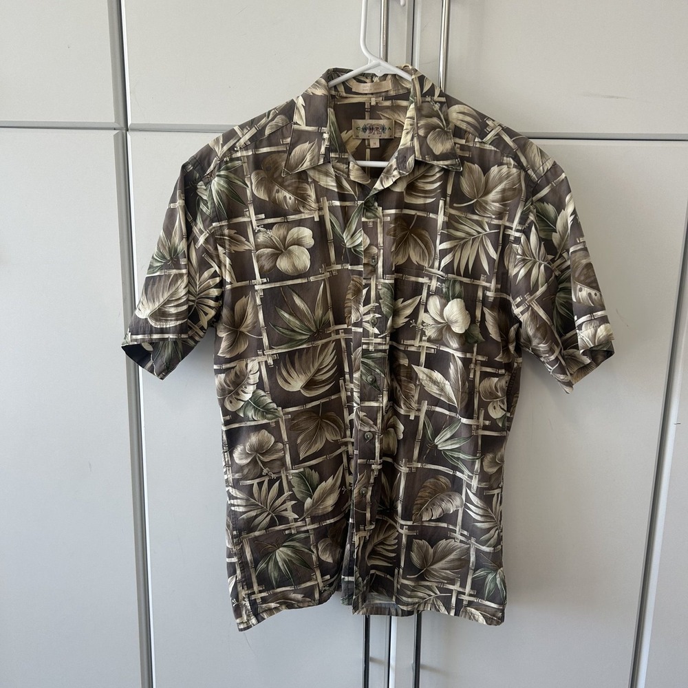 Campia Moda Mens Medium Brown Bamboo Tropical Hibiscus Cotton Hawaiian Shirt